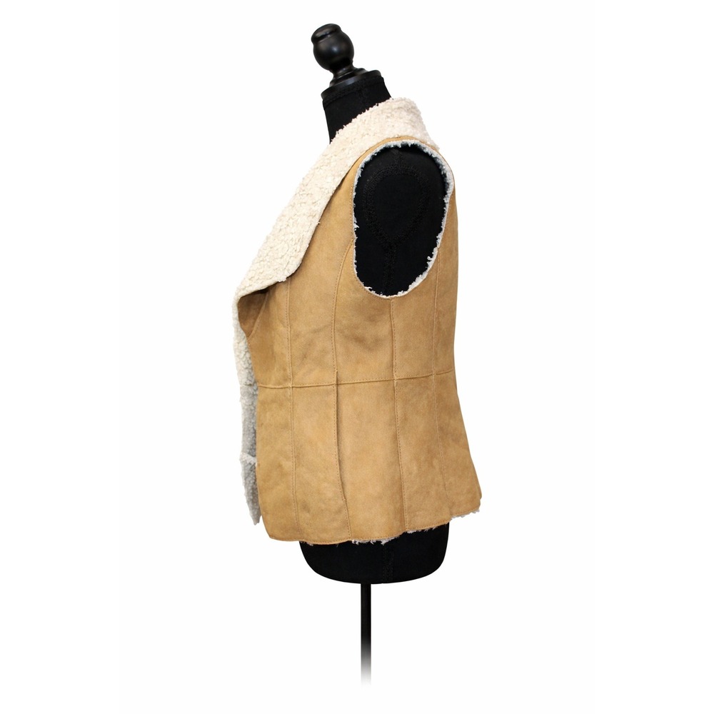 Talbots Faux Shearling Suede Vest SP Tan Open Front Cozy Western Layer - Picture 3 of 6